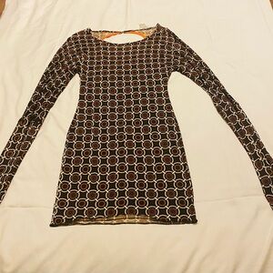 Alice + Olivia Brown and Cream Geometric Long Sleeve Dress